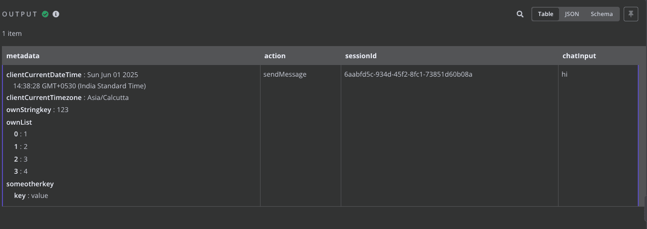 n8n Table view showing the metadata sent from the widget, including date, timezone and custom keys