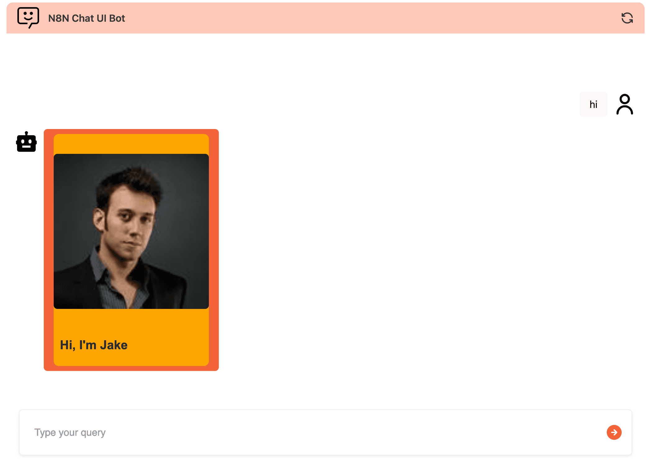 Chat widget showing an HTML bot reply rendered as a styled card with a photo and a name