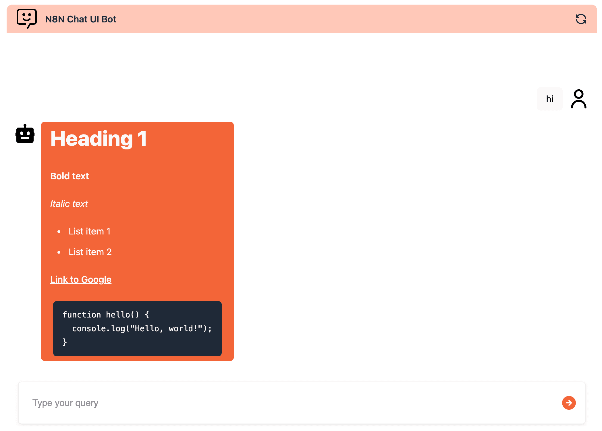 Chat widget showing a Markdown bot reply with a heading, bold and italic text, a list, a link and a code block