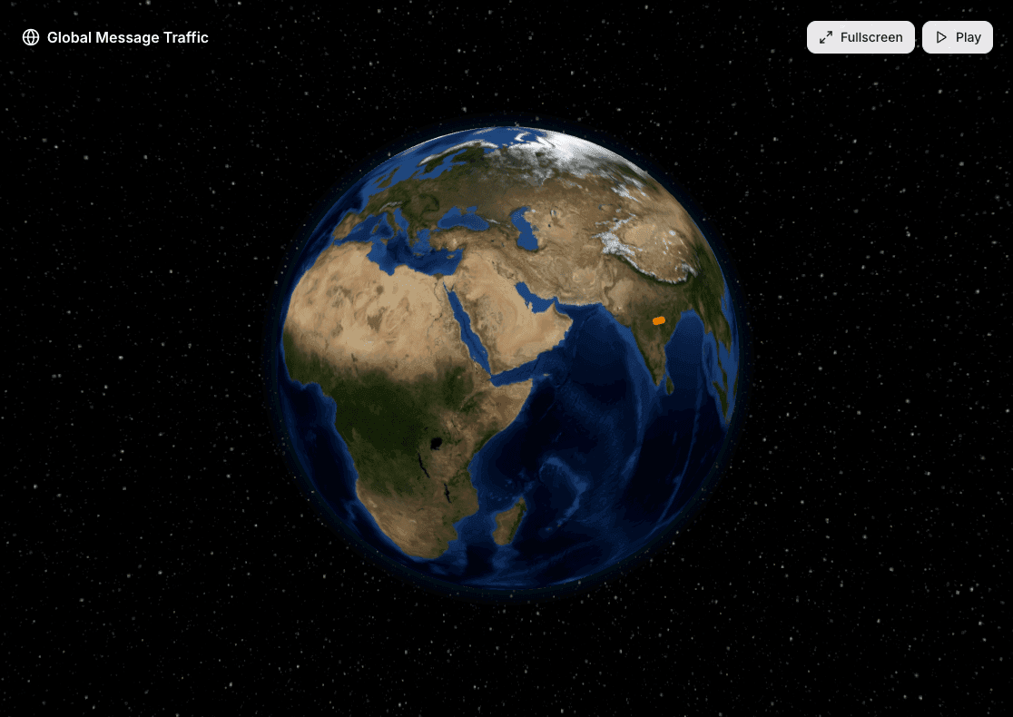 Global Message Traffic panel showing a 3D globe with an orange marker where chat messages originate