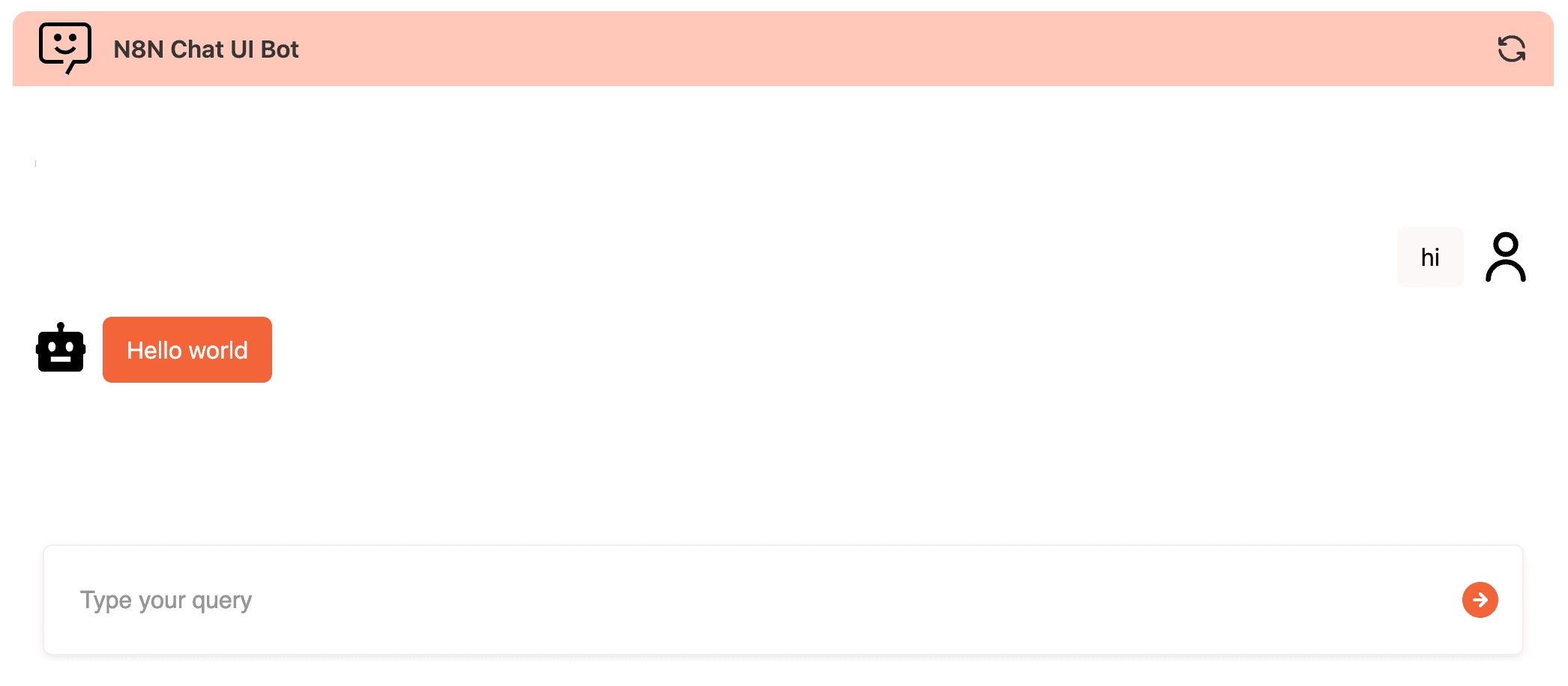 Chat widget showing a plain text bot reply that says Hello world