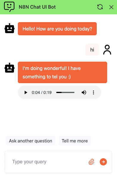 Chat widget playing an audio attachment in a bot reply, with follow-up prompts below